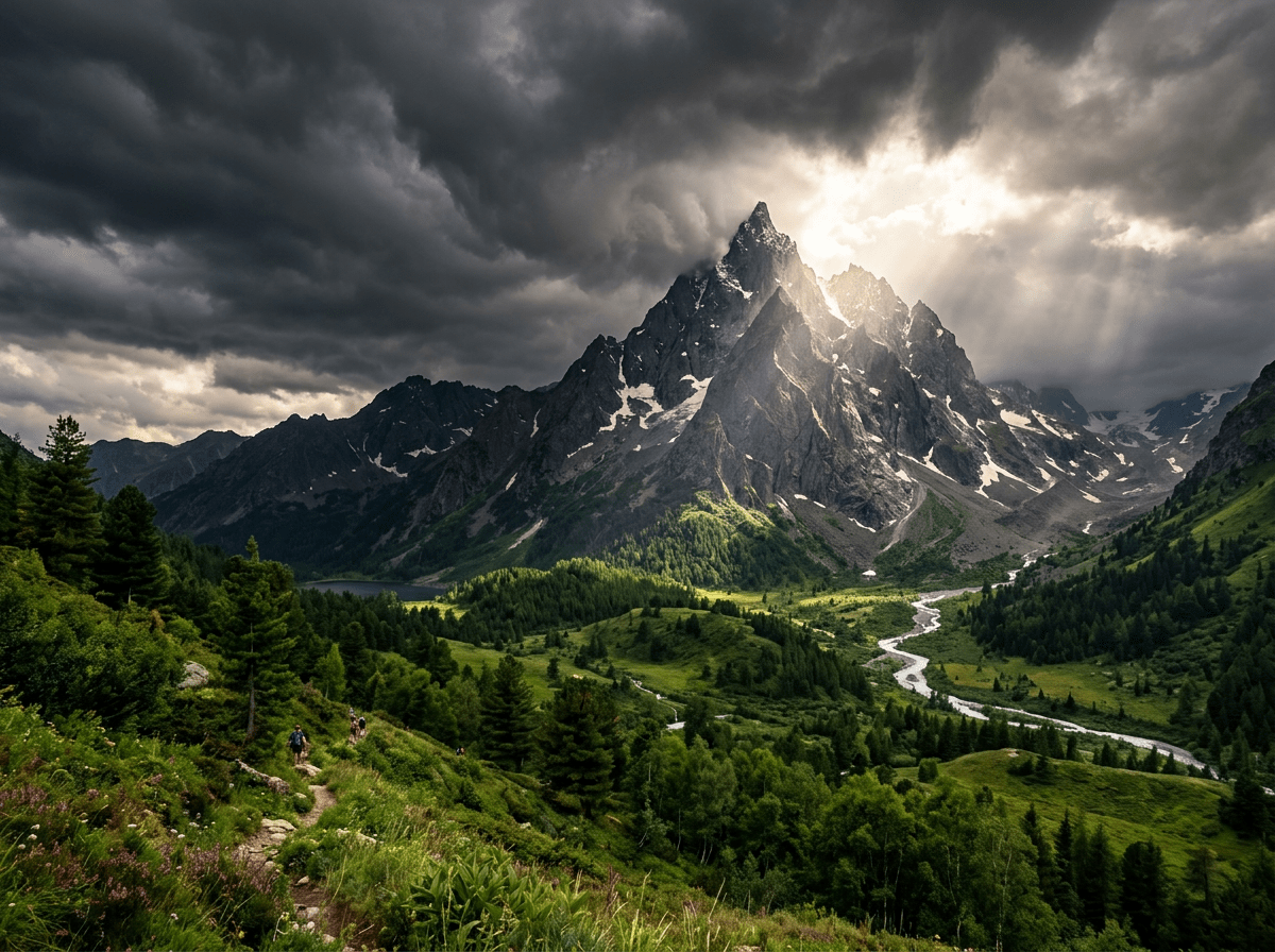 Jagged mountain peak with snow patches under dramatic cloudy sky illuminated by sunlight