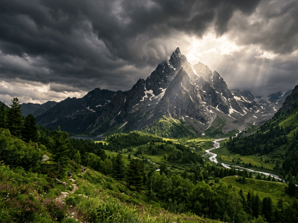 Jagged mountain peak with snow patches under dramatic cloudy sky illuminated by sunlight