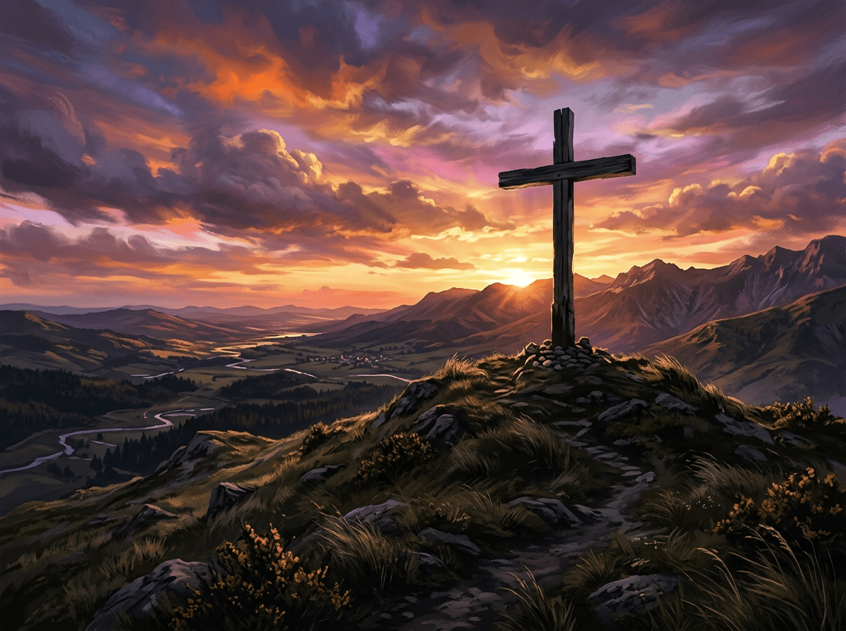 Wooden cross on mountain peak with sunset sky