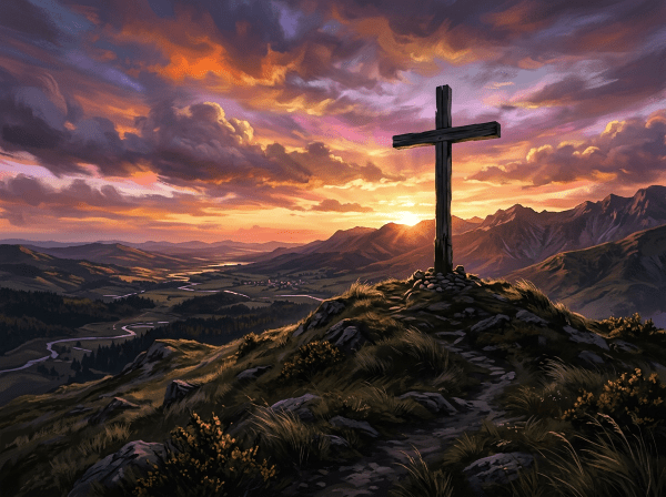 Wooden cross on mountain peak with sunset sky