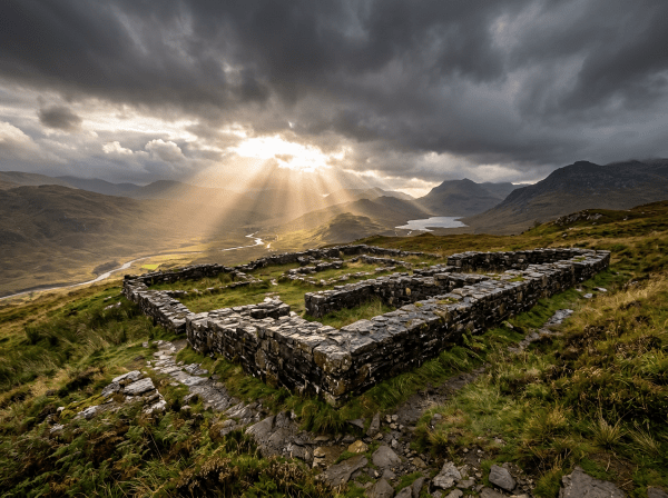Stone ruins on a grassy hill with sunlight rays shining through clouds and mountains in the background