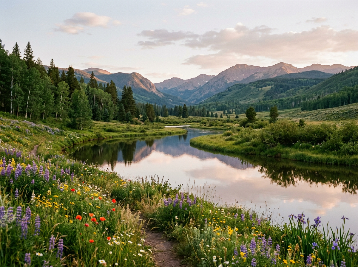 Winding river in mountain valley with green trees and colorful wildflowers