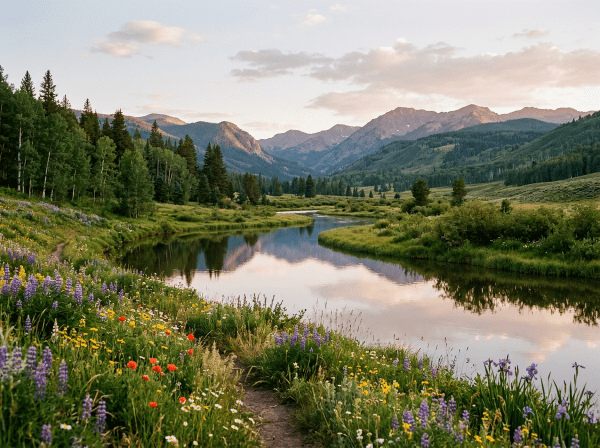 Winding river in mountain valley with green trees and colorful wildflowers