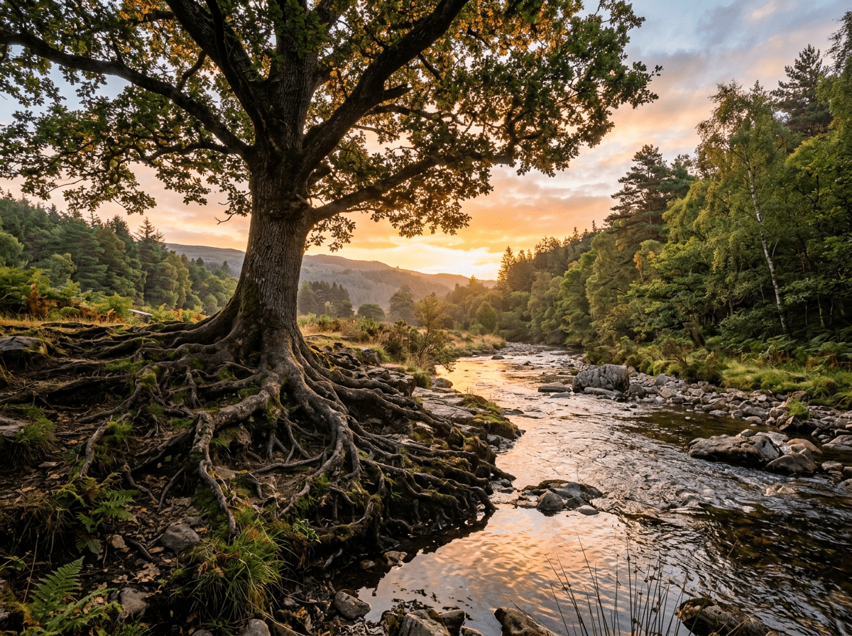 Large tree with extensive exposed roots next to river at sunset