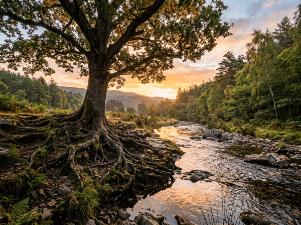 Large tree with extensive exposed roots next to river at sunset