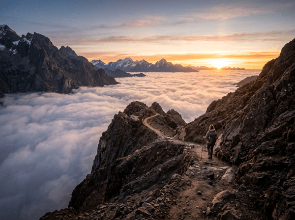 Hiker walking on rocky mountain path above clouds at sunset