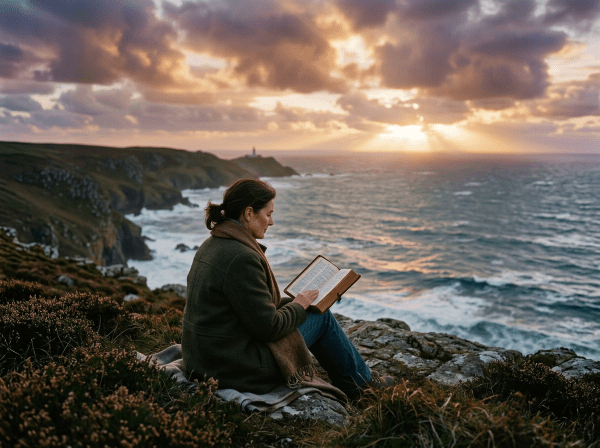 Woman sitting on blanket reading book beside wooden cross on rocky cliff by sea