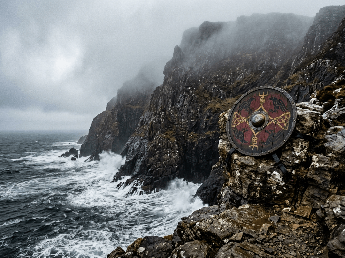 Viking shield leaning on rocks by a misty, rugged coastal cliff