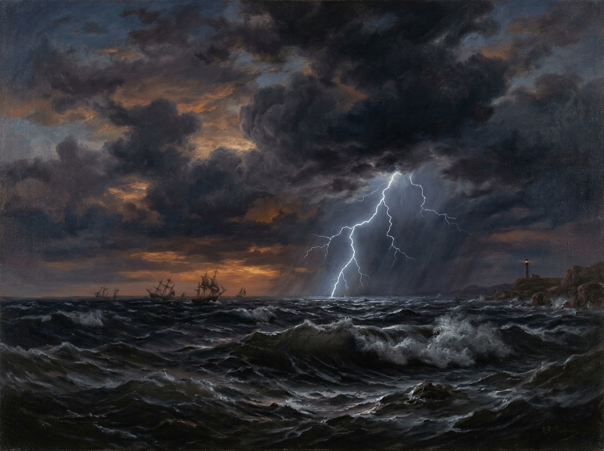 Stormy ocean scene with lightning, sailing ships, waves, and a distant lighthouse