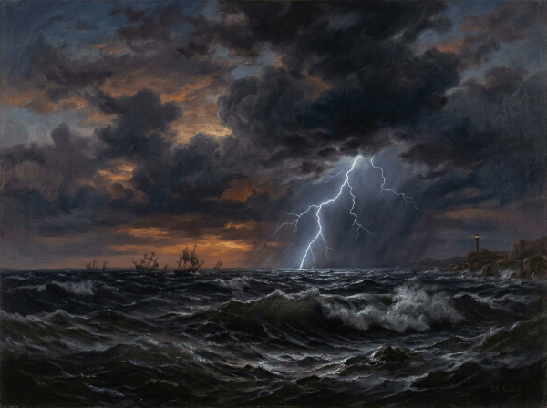 Stormy ocean scene with lightning, sailing ships, waves, and a distant lighthouse