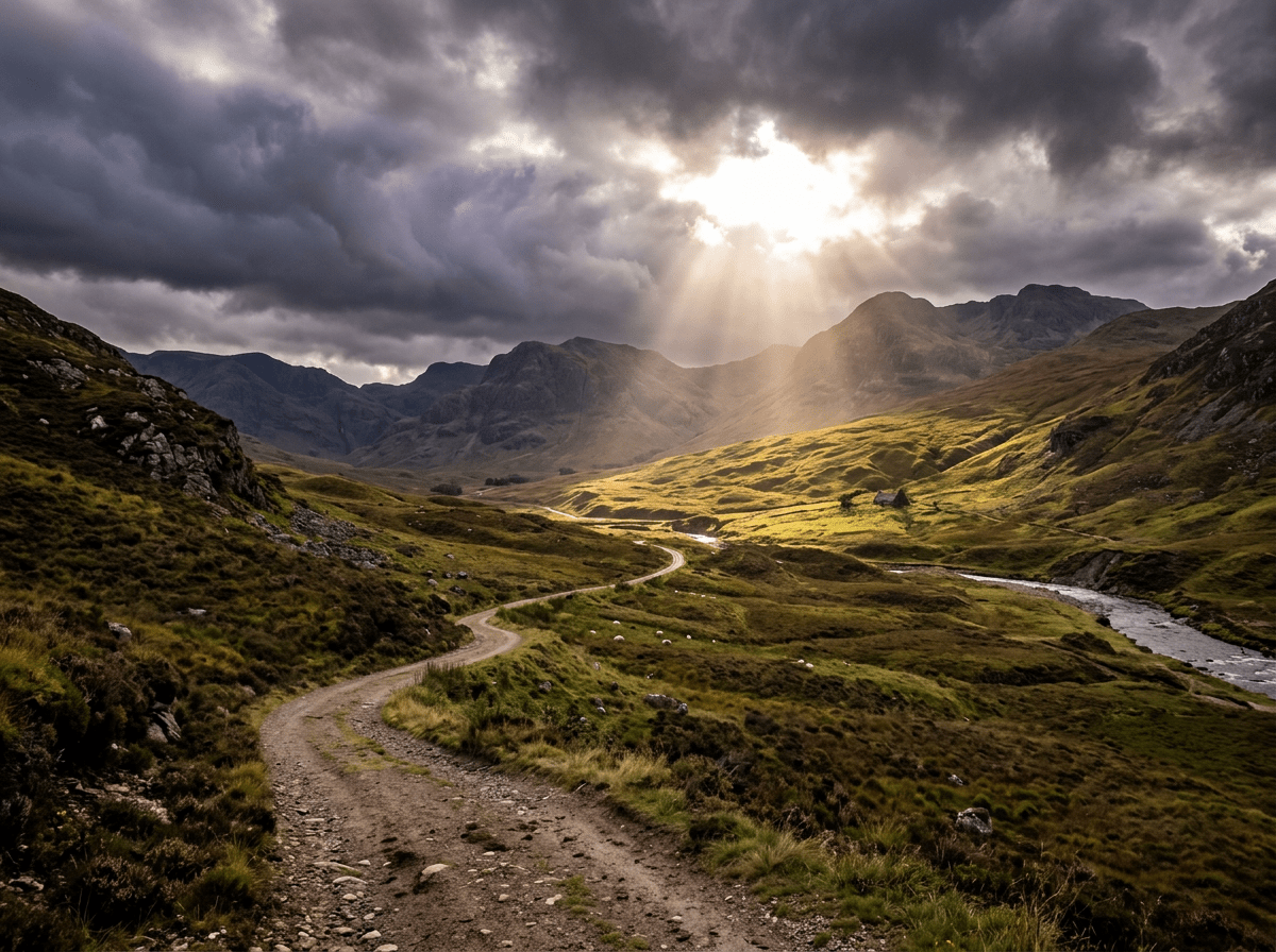 Winding dirt road leading through green valley beneath dramatic cloudy sky with sun rays