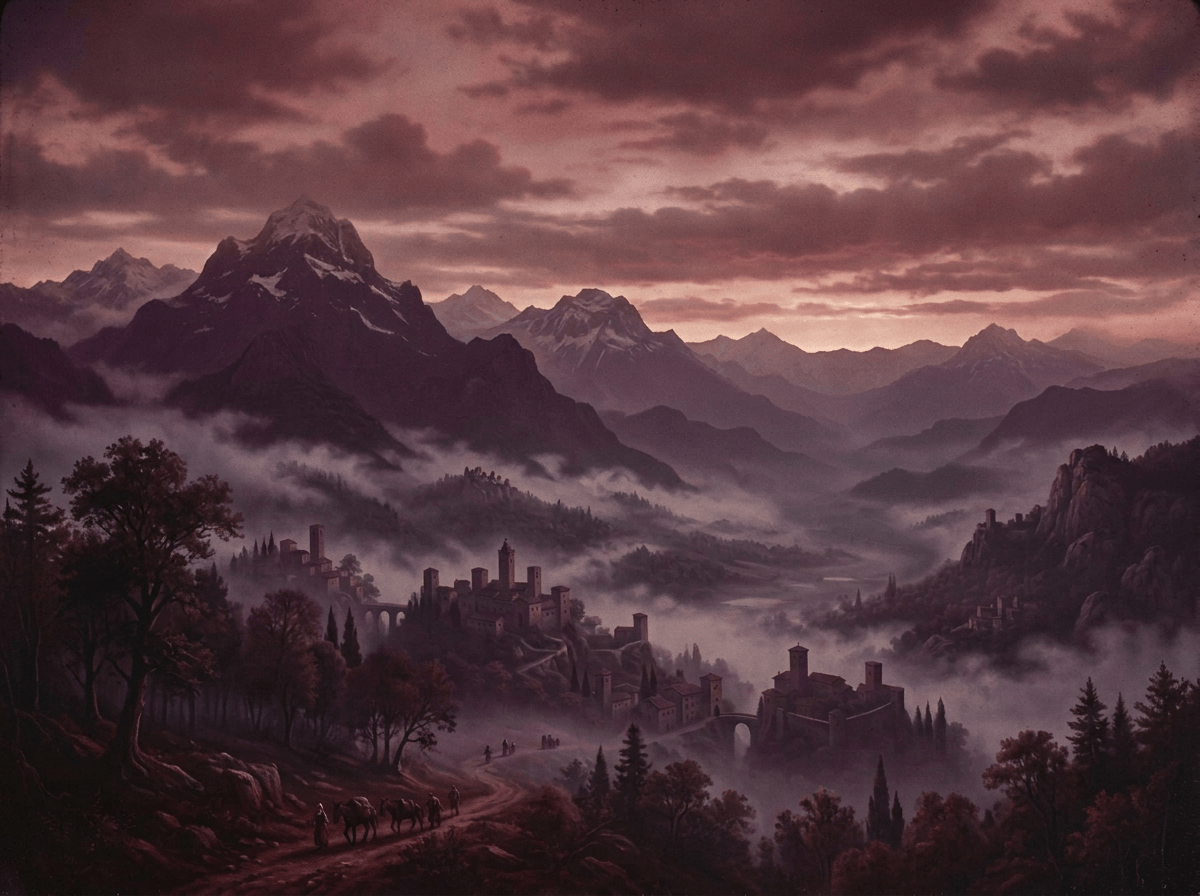 Mountain valley with mist, medieval villages, and travelers on a path
