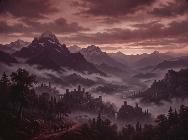 Mountain valley with mist, medieval villages, and travelers on a path