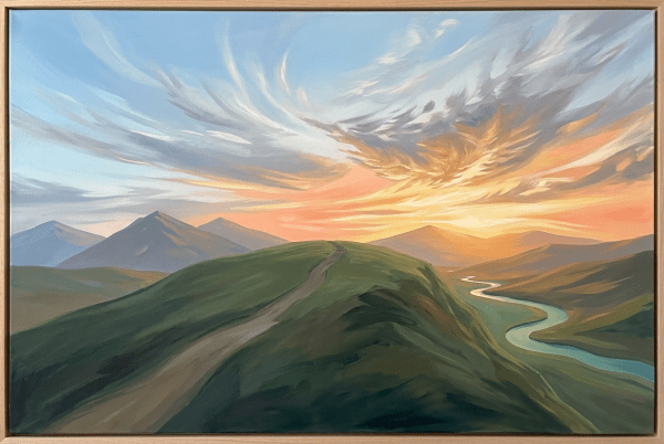 Celtic cross on hilltop with winding river and mountains at sunset