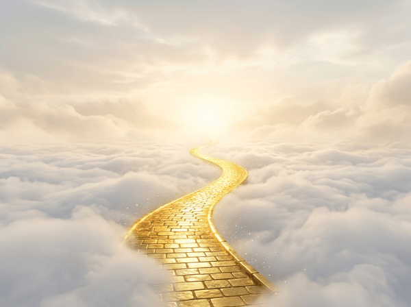 Golden brick pathway winding above clouds toward bright light