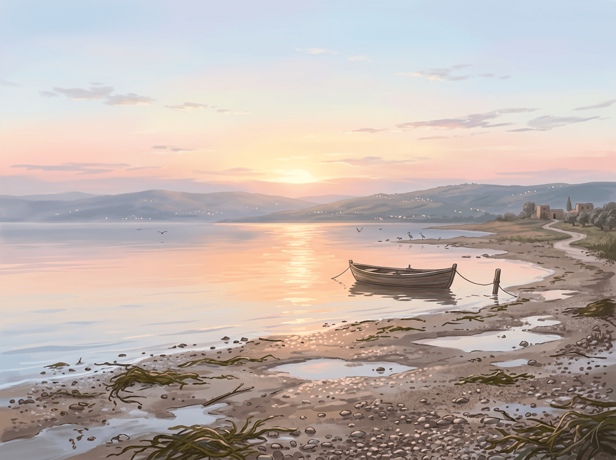 Wooden boat on a lakeshore at sunset with hills and a village