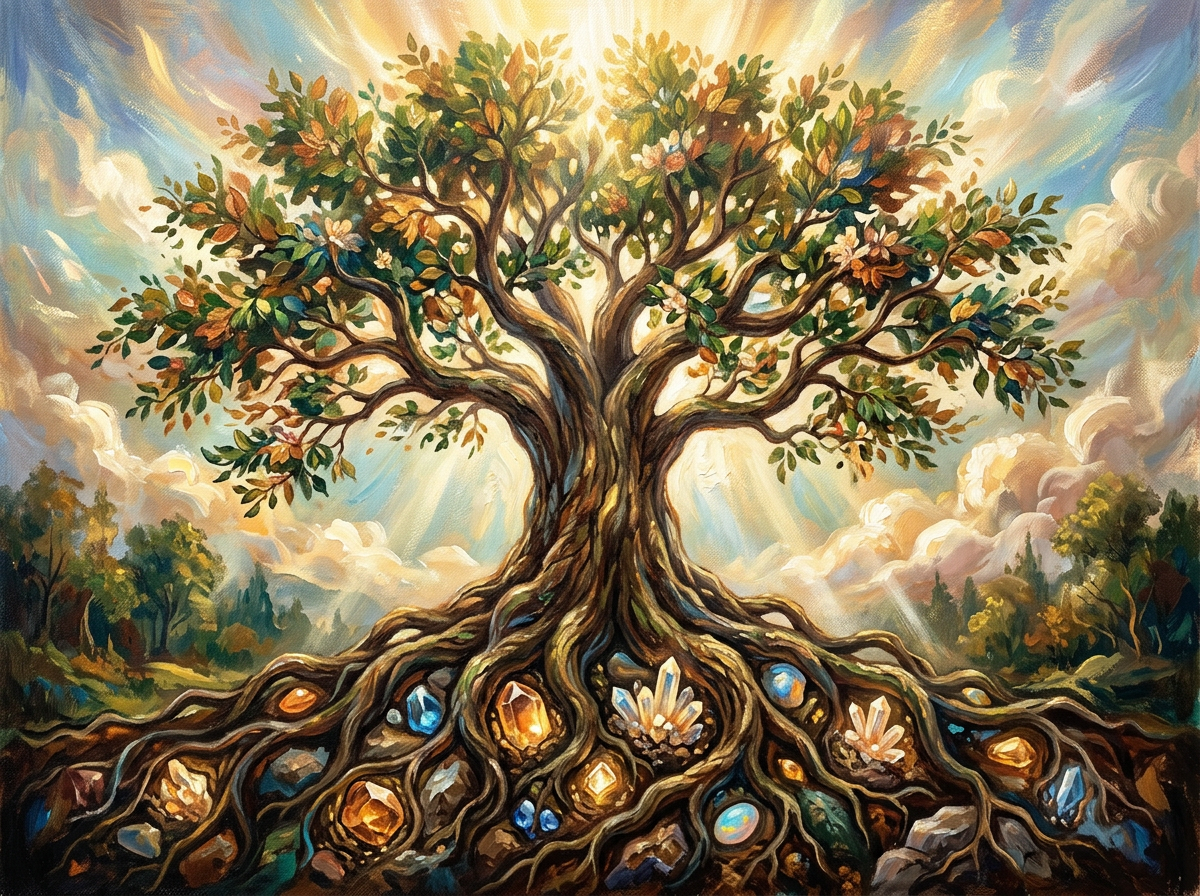 Radiant flowering tree with gemstone-filled roots beneath sunlit clouds