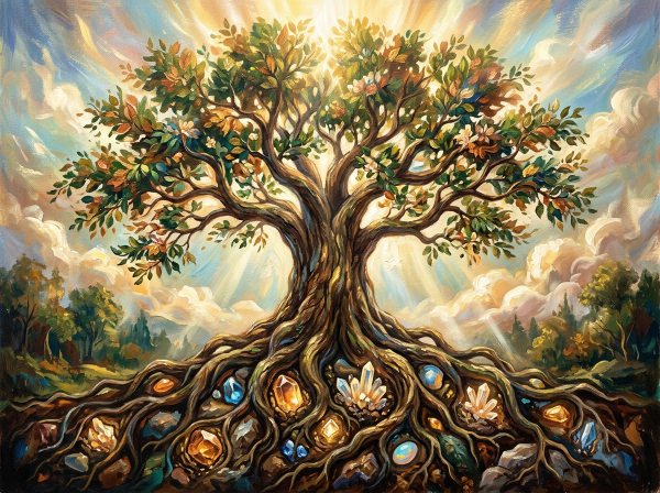 Radiant flowering tree with gemstone-filled roots beneath sunlit clouds