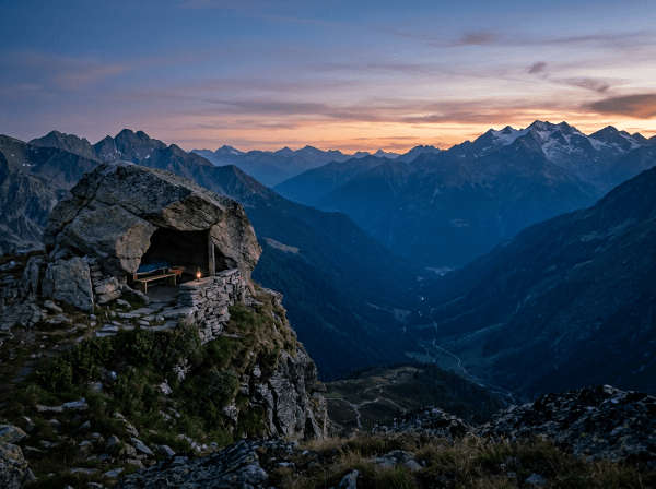 Stone mountain shelter overlooking a forested alpine valley at sunset