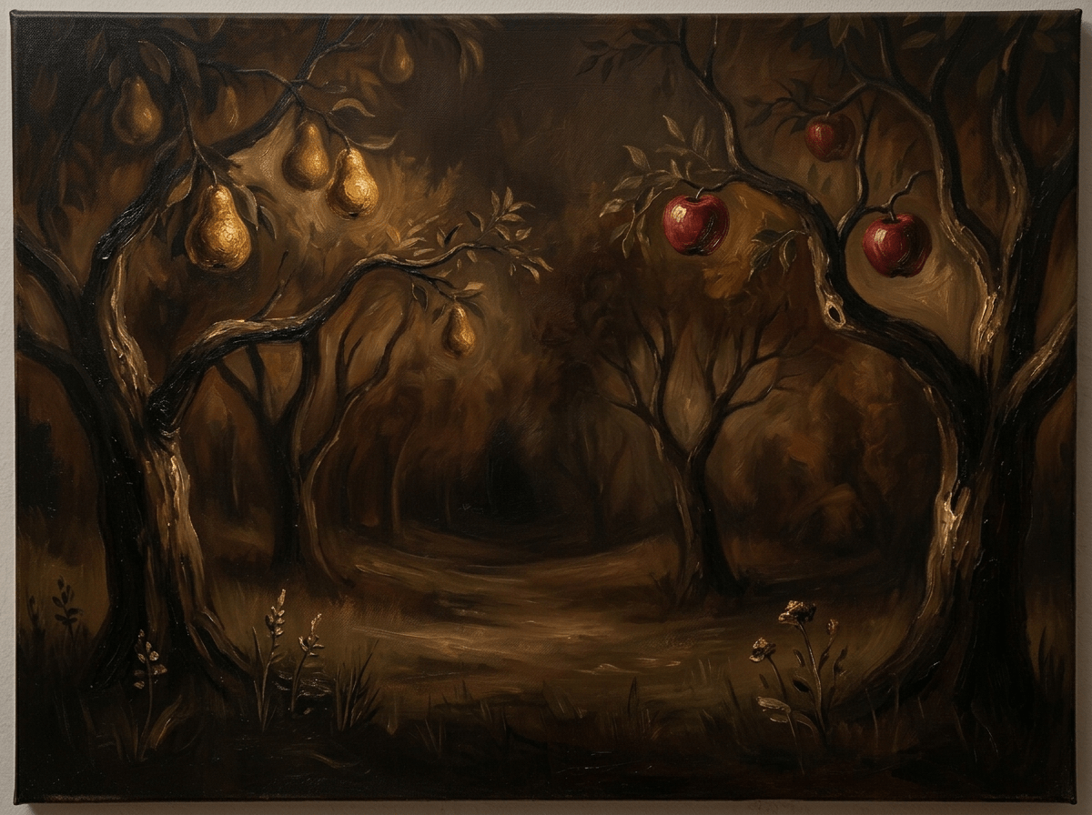 Illustrated orchard path surrounded by fruit-laden pear and apple trees