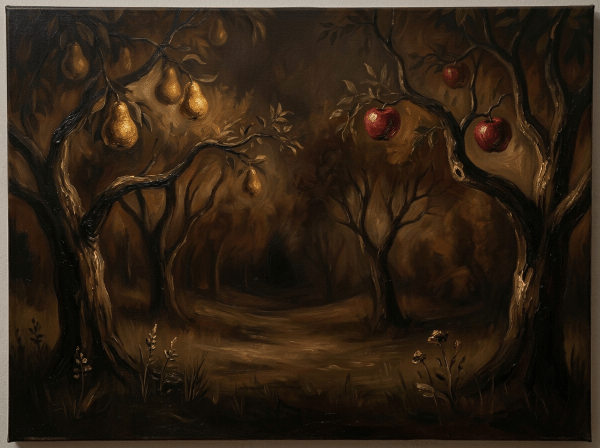 Illustrated orchard path surrounded by fruit-laden pear and apple trees