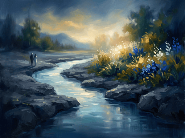 Mountain stream flowing past rocks and wildflowers at sunset
