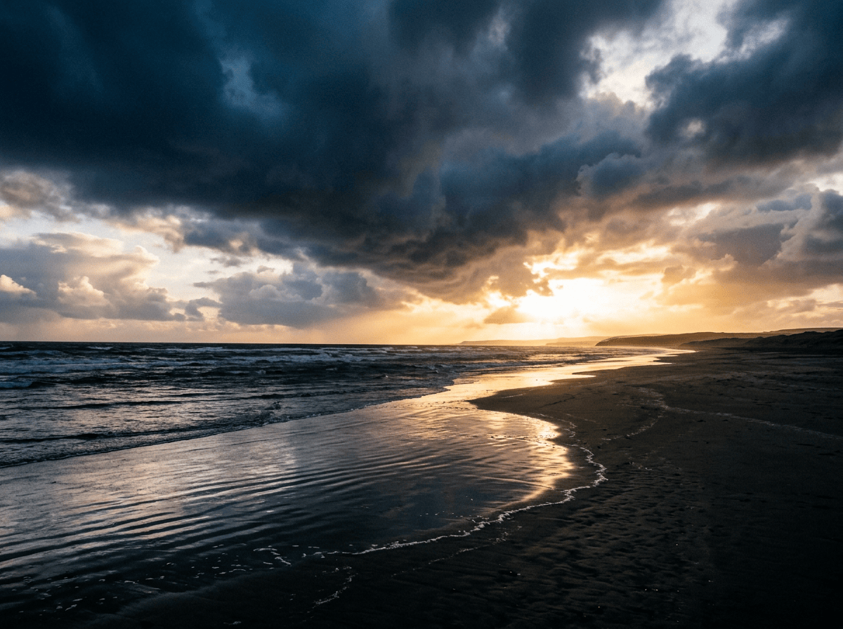 Sunset over waves and a dark sandy beach beneath storm clouds