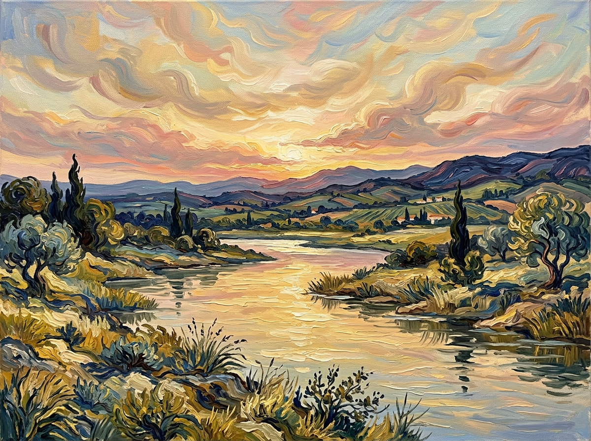 Painterly river winding through hills beneath a colorful sunset sky