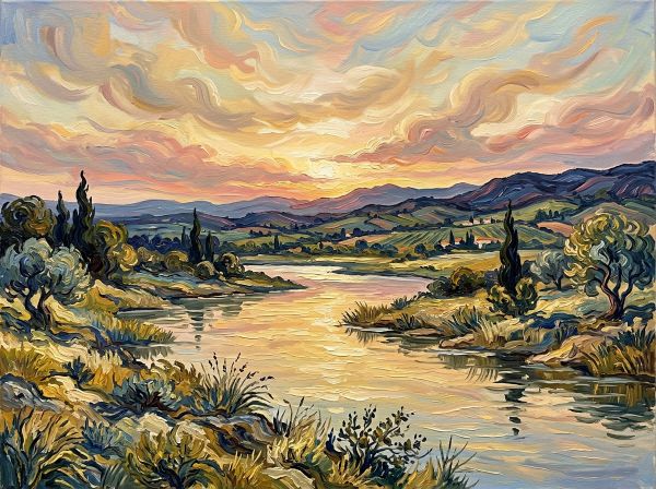 Painterly river winding through hills beneath a colorful sunset sky