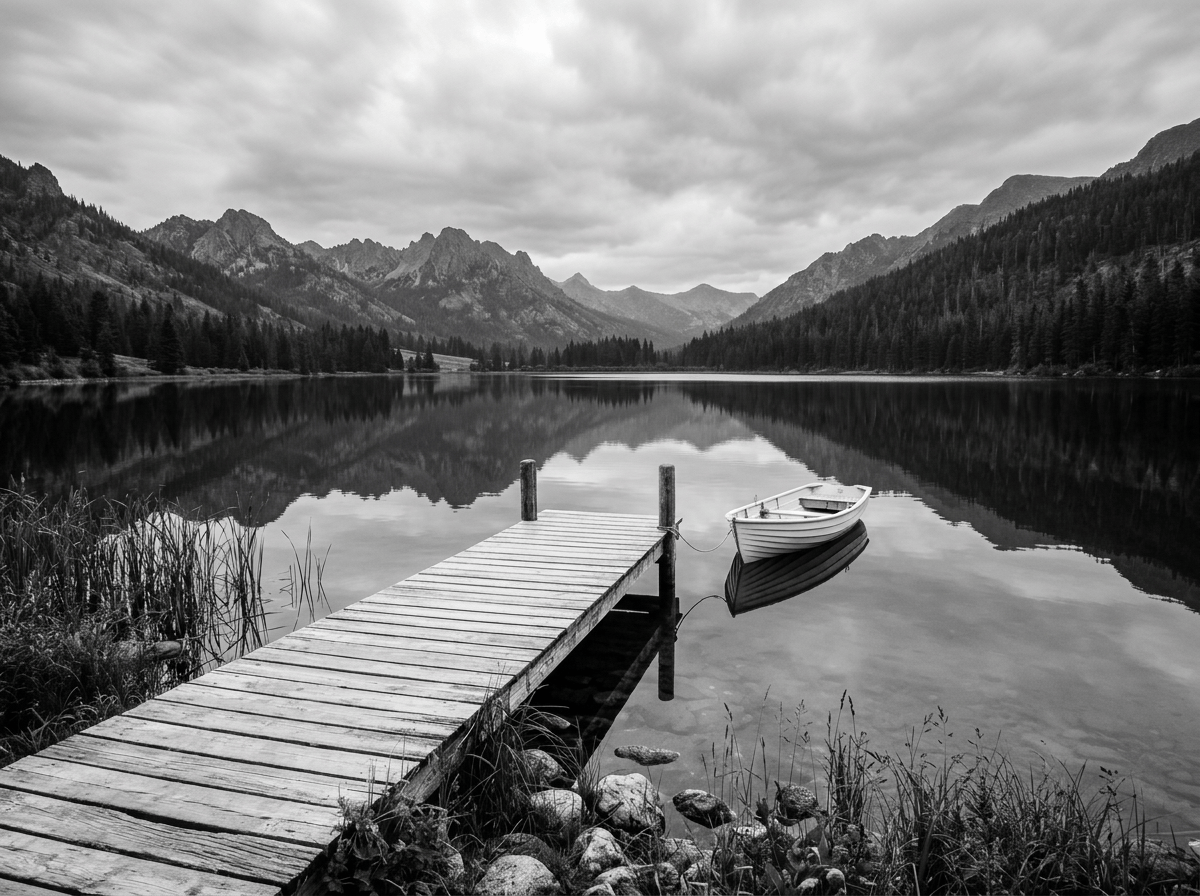 Wooden dock and rowboat on a mountain lake at sunset