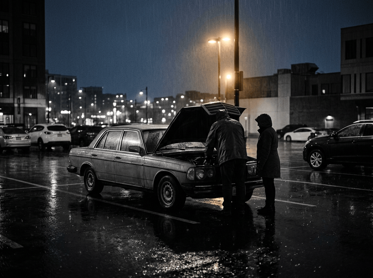 Two people inspect a car with its hood open in a rainy parking lot