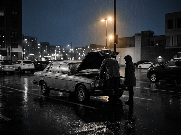 Two people inspect a car with its hood open in a rainy parking lot