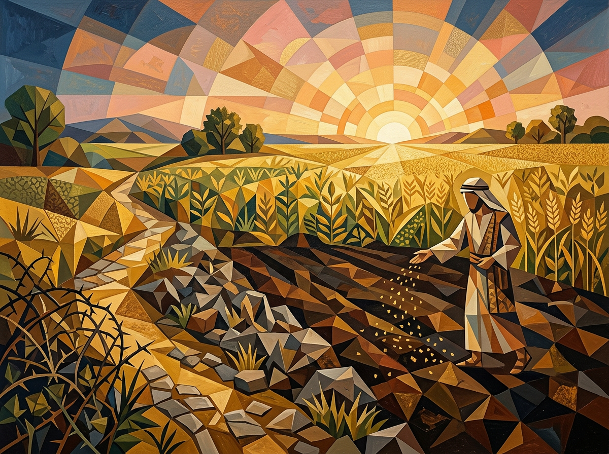 Stylized farmer sowing seeds in geometric fields beneath a radiant sunset