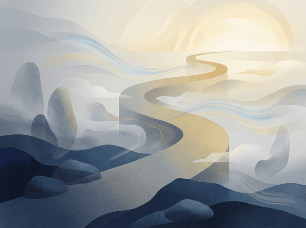 Abstract landscape with layered hills, winding paths, and soft sunlight
