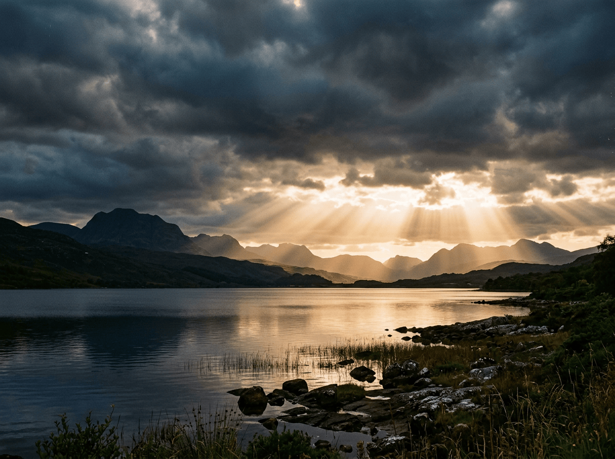Sunbeams breaking through storm clouds over a mountain lake