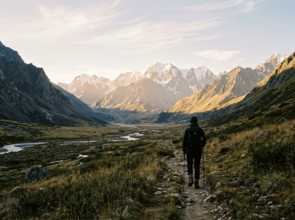 Hiker walking along a rocky trail through an alpine valley toward snow-capped mountains