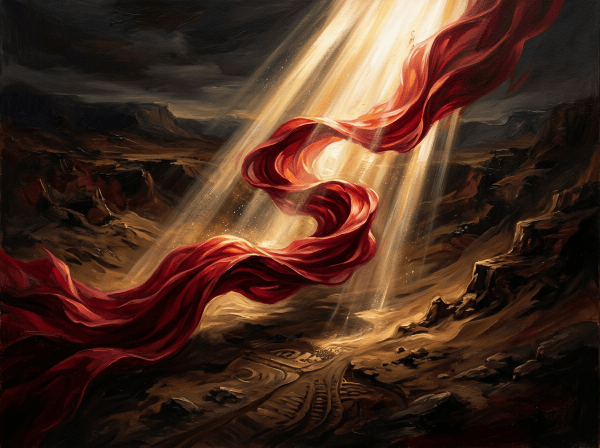 Crimson ribbon flowing through golden light over a barren rocky landscape