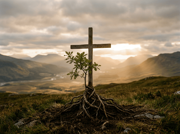 Wooden cross with exposed roots overlooking a mountain valley at sunset