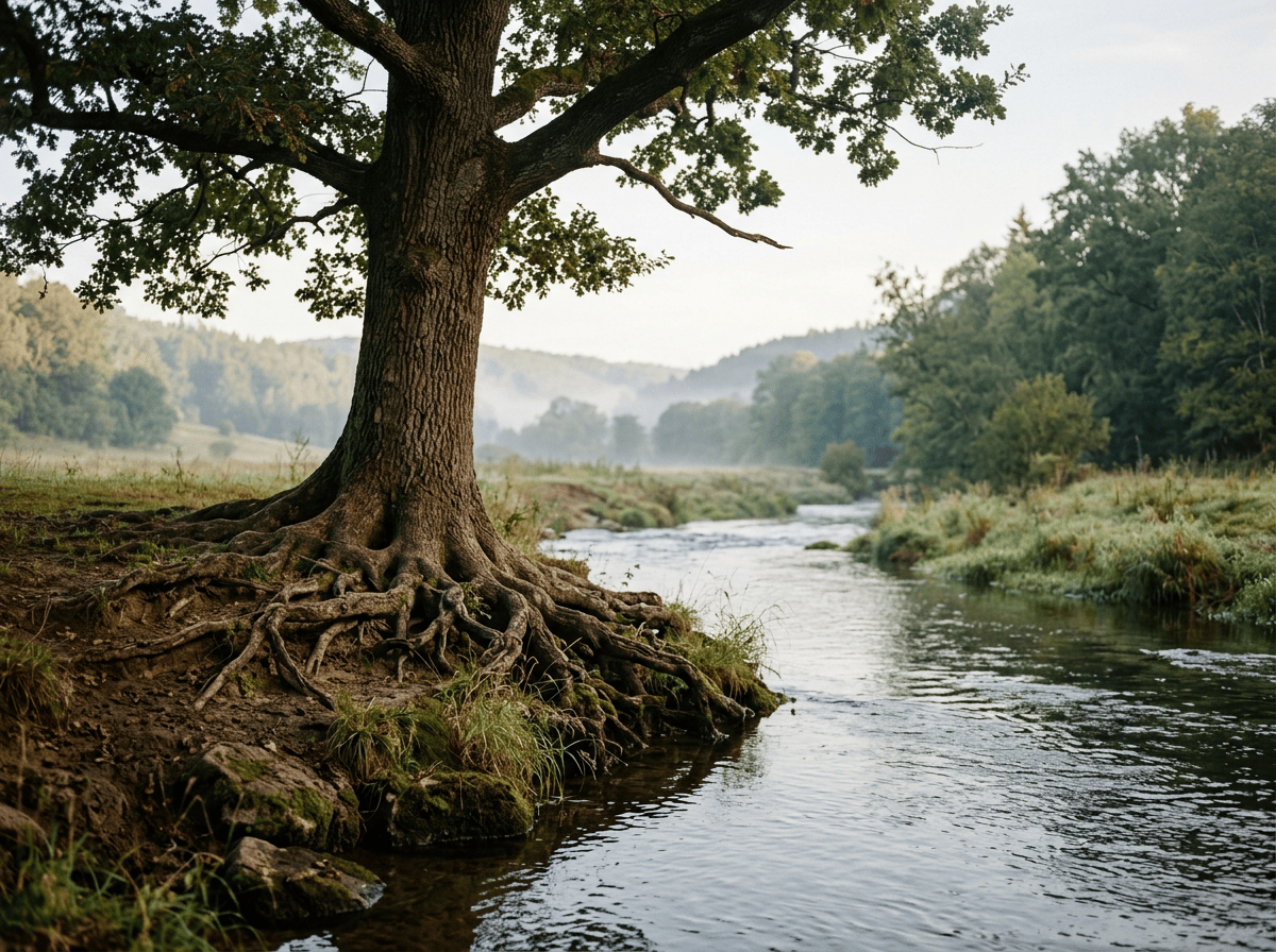Large oak tree beside a winding stream in a misty wooded valley