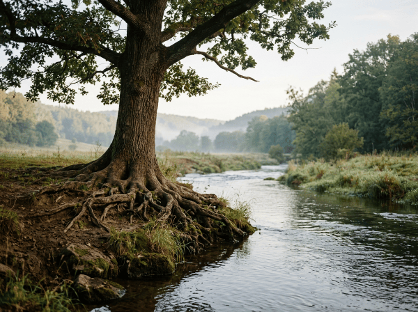 Large oak tree beside a winding stream in a misty wooded valley