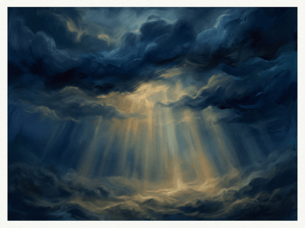 Golden rays of light breaking through dark blue storm clouds