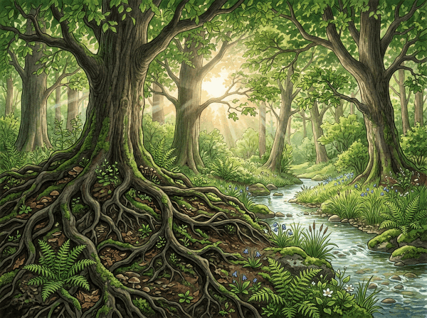 Sunlit forest with towering trees, exposed roots, ferns, flowers, and a flowing stream