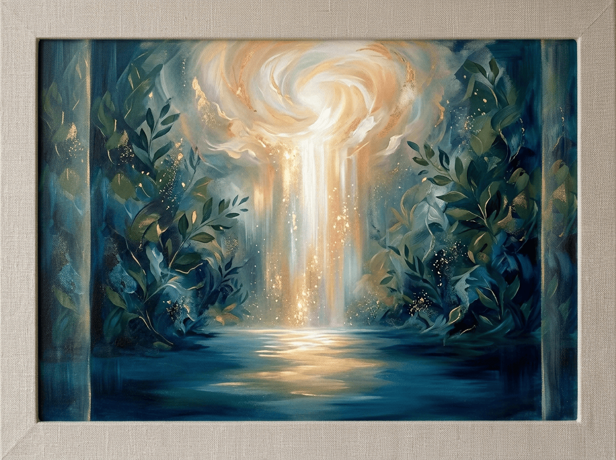Luminous waterfall flowing into a stream, framed by blue-green foliage