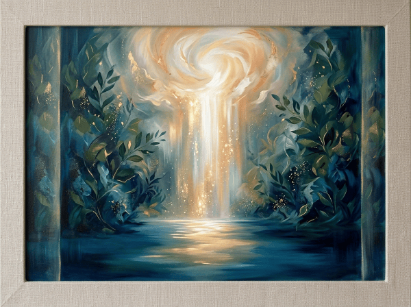 Luminous waterfall flowing into a stream, framed by blue-green foliage