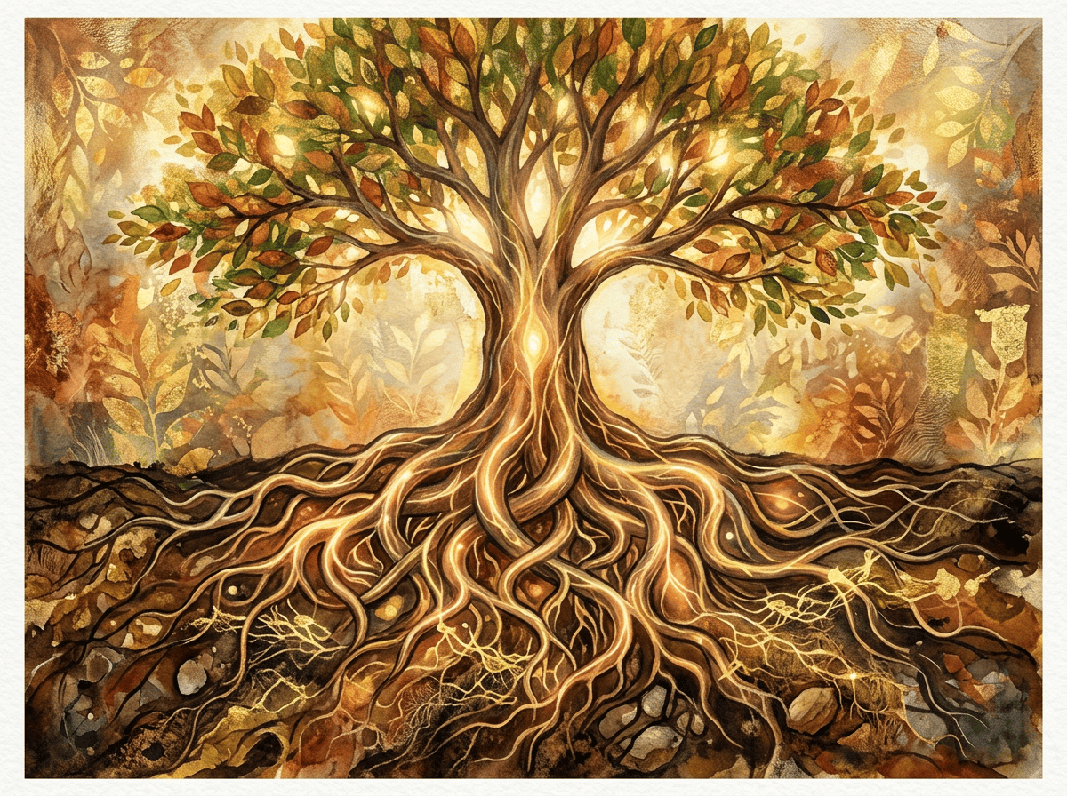 Luminous tree with sprawling branches, glowing trunk, and extensive roots