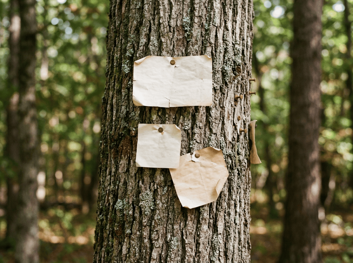 Three blank paper notes pinned to a tree in a forest