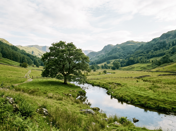 Winding stream through a green mountain valley with a lone tree