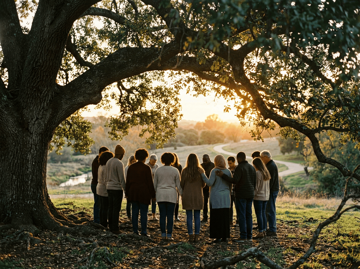 Diverse group gathered beneath a large oak tree at sunset