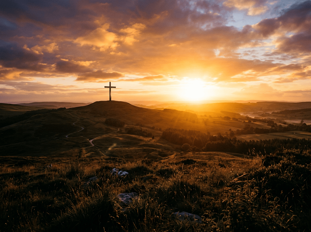 Cross silhouetted on a hill above rolling countryside at sunset