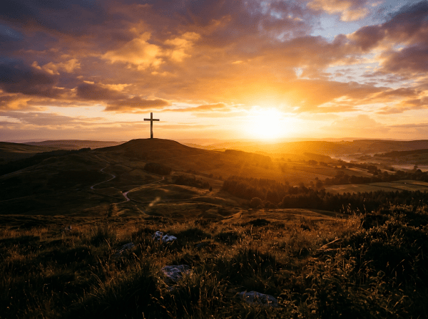 Cross silhouetted on a hill above rolling countryside at sunset